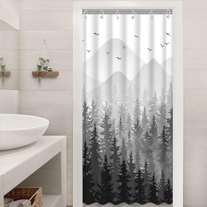 Aipon Black Misty Forest Shower Curtain Gray Ombre Nature Tree Plants Shower Curtains Fabric Waterproof Mountain Shower Curtain Sets for Bathroom Bath Decor (Black, 36'' × 72'')