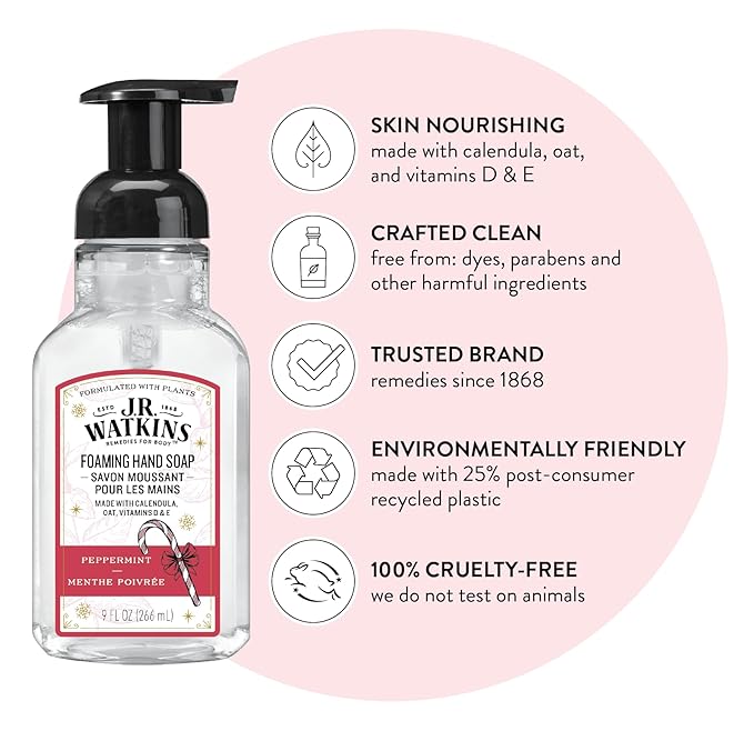 J.R. Watkins Foaming Hand Soap with Pump Dispenser, Moisturizing Foam Hand Wash, Alcohol-Free, Cruelty-Free, Peppermint, 9 fl oz, 3 Pack