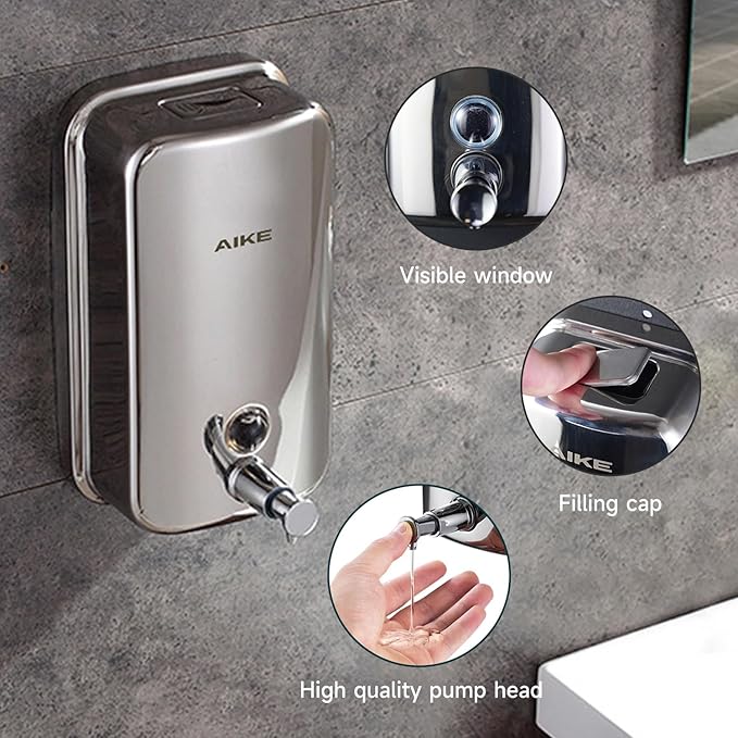 AIKE Polished Stainless Steel Wall Mount Pump Soap Dispenser Polished 17 fl.oz. AK1001