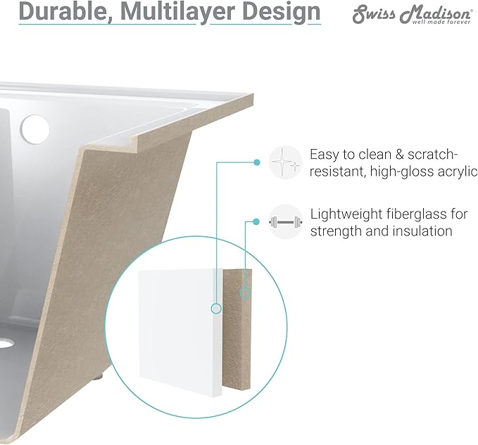 Swiss Madison Well Made Forever SM-DB570, Voltaire 60"x36" Acrylic Drop-in Bathtub, White