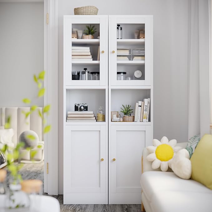 COFaR 67" Tall Metal Bathroom Storage Cabinet,6-Tier Narrow Cabinet with Glass Doors and Adjustable Shelves,Linen Cabinet for Small Spaces,Tall Cabinet for Bathroom,Living Room,White
