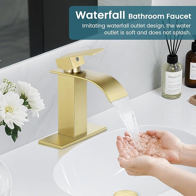 Bathroom Faucets Brushed Gold Waterfall Bathroom Sink Faucet Modern Single Handle Bathroom Faucet for 1 or 3 Hole Mxier Tap Washbasin Faucet with Deck, Pop-up Drain and Supply Hoses
