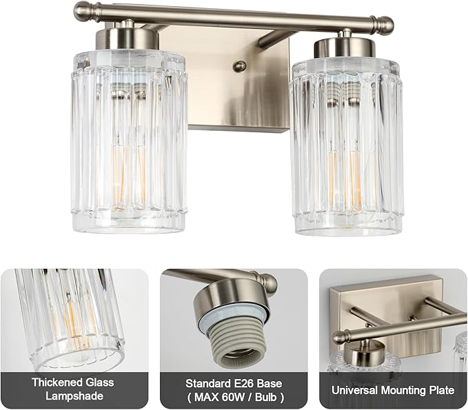 2 Light Bathroom Light Fixtures Modern Brushed Nickel 12 Inch Vanity Lights for Bathroom Lighting Fixtures Over Mirror with Thickened Glass Shade for Cabinet Mirror Bedroom Hallway