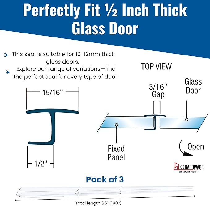 KC Hardware 85 Inch Frameless Shower Door Side Seal Strip, H-Type Glass Shower Door Seal Strip (180 Degree) for 1/2 Inch(10-12mm) Thick Glass, Water Guard That Prevents leaks, Ultra Clear (Pack of 3)