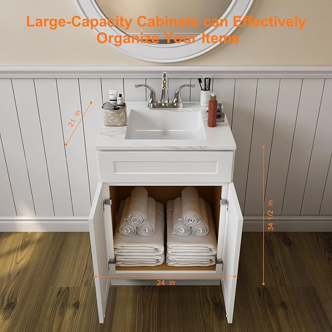 ROOMTEC Bathroom Cabinet, 24'' Free Standing Single Bathroom Vanity with 1 False Drawer and 2 Doors,Morden Bathroom Sink Vanity Storage Cabinet, Shaker White
