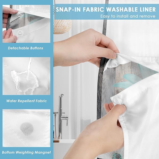 No Hook Rustic Farmhouse Shower Curtain with Snap in Fabric Liner Set, Teal Daisy Flowers and Butterfly on Wooden Double Layers Waterproof with See Through Top Bath Curtain 71x86 Inch
