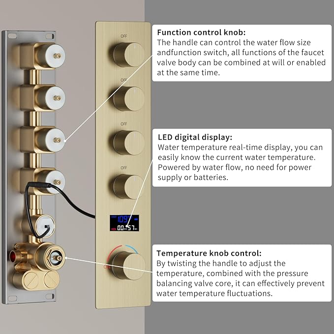 Brushed Gold Shower System Digital Temperature Display Shower Faucet Set with 12 inch Ceiling Mounted + Dual 8 inch Wall Mounted Shower Head Combo Set, Handheld Spray