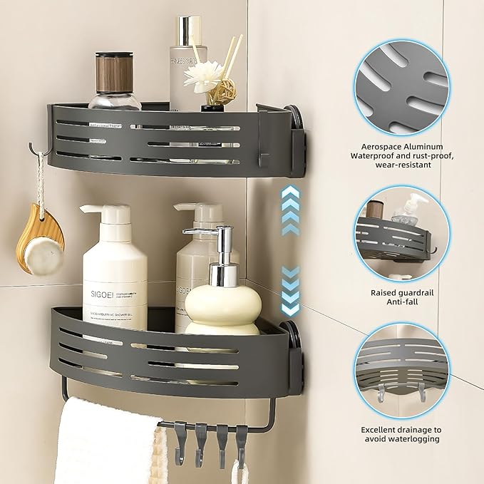 Suction Cup Shower Caddy Corner, Shower Storage Rack With Large Capacity, No Drilling Suction Shelves Space-Saving Shower Organizer with Towel Bar Hooks for Bathroom & Home Decor(2pcs, Gray)