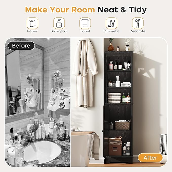 Narrow Bathroom Storage Cabinet with Door and Open Adjustable Shelves, 60.9" H Wooden Tall Tower Corner Farmhouse Cabinet, Freestanding Organizer for Kitchen, Entryway Black