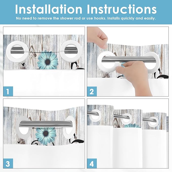 No Hook Teal Flower Shower Curtain with Snap in Fabric Liner Set, Daisy Rustic Farmhouse Double Layers Waterproof Fabric with See Through Top Window Open Grommet Bath Curtain 71x74 Inch