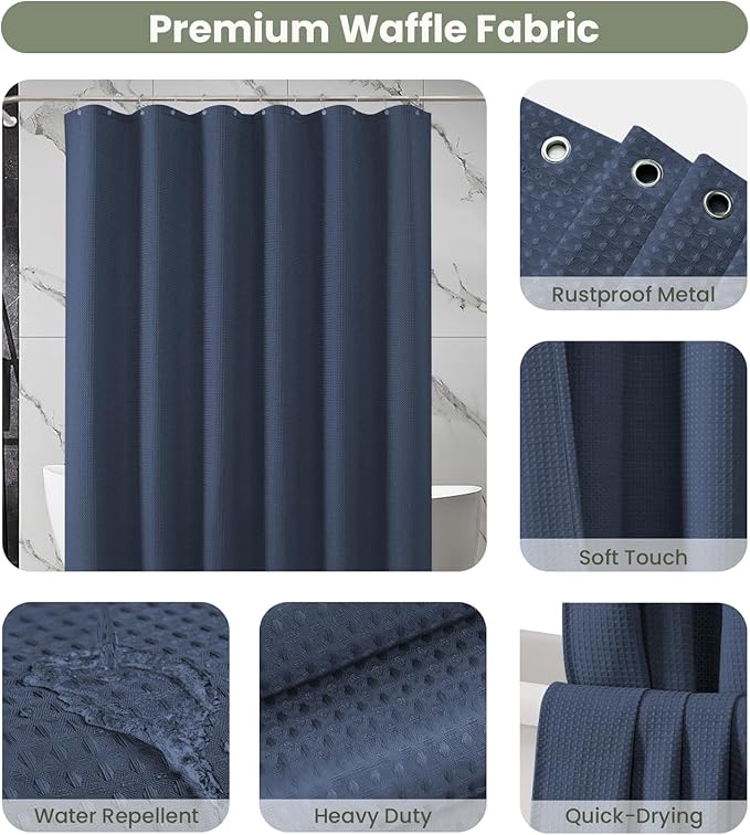 Inhousolu Fabric Shower Curtain Waffle Weave, Navy Blue 230 GSM Heavy Duty, Weighted Hem, 14 Metal Hooks, Water Repellent, Machine Washable, Hotel Spa Luxury Bath Curtain Set, 72 x 72 Inch