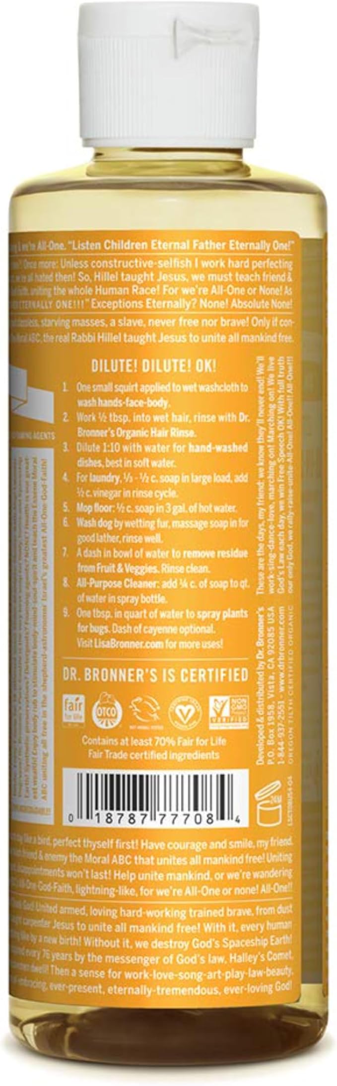 Dr. Bronner's - Pure-Castile Liquid Soap (Citrus, 8 ounce) - Made with Organic Oils, 18-in-1 Uses: Face, Body, Hair, Laundry, Pets and Dishes, Concentrated, Vegan, Non-GMO