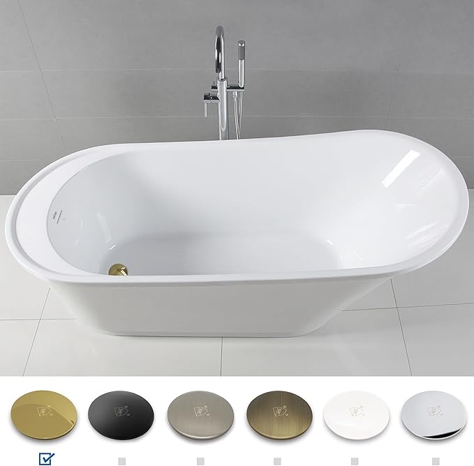 FerdY Langkawi 67" Acrylic Freestanding Bathtub, White Modern Stand Alone Soaking Bathtub, cUPC Certified, Polished Gold Drain and Minimalist Linear Design Overflow Included, Easy to Install, 02568T
