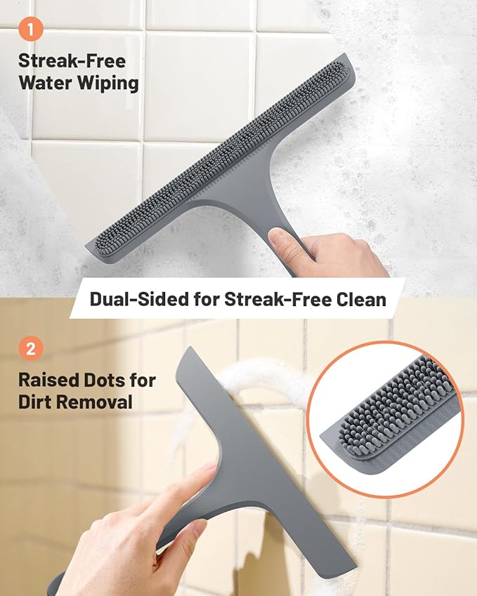 2-in-1 Silicone Shower Squeegee with Hook,Dual-Sided Design with Scraper & Scrub Surface,Rust-Proof Stainless Core,Streak-Free Bathroom Squeegee for Glass Doors,Mirrors,Windows,Car Windshields (Gray)