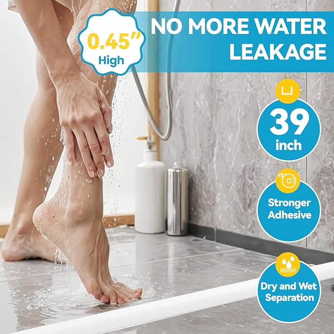 39'' Collapsible Shower Threshold Water Dam Shower Barrier Keeps Water Inside Threshold Dry and Wet Separation Retention System Suitable for Bathroom Kitchen Sink Bathtub