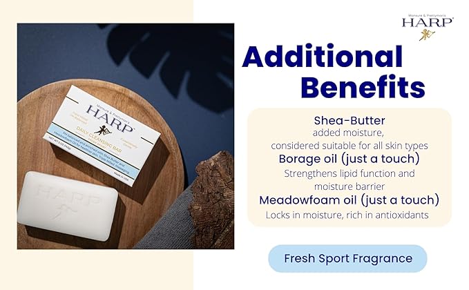 HARP pH-Balanced (5.0-6.0) Body Wash Bar. ZERO saponified oils. Protects Moisture Barrier. Gentle for Sensitive/Dry skin. + Shea Butter/Borage Oil. Non-Comedogenic. FRESH SPORT Fragrance.