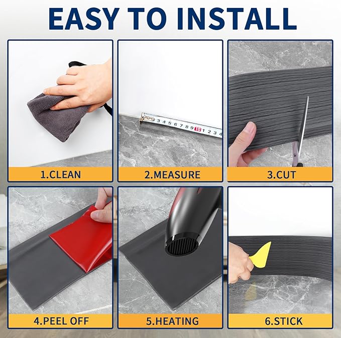 Flexible Baseboard Molding Trim 4 Inch Self-Adhesive Vinyl Wall Base Peel and Stick Cove Base Rubber Wall Baseboard Moulding Trim (60Ft, Deep Gray Wood Grain)