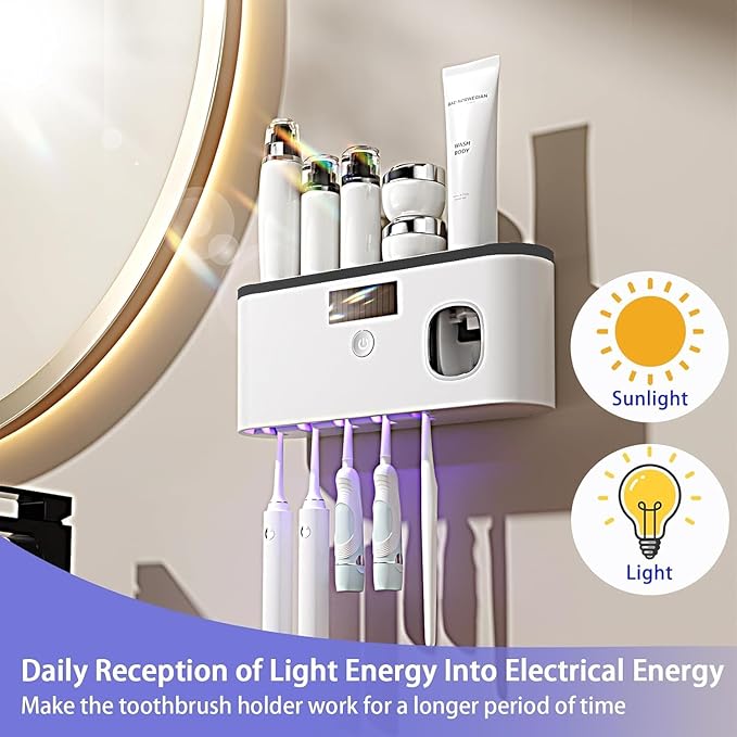 Toothbrush Holders for Bathrooms, Toothbrush Holder Wall Mounted with Toothpaste Dispenser Bathroom Solar Charging and No Drilling Required Tooth Brush Holder with 5 Brush Slots（Black）