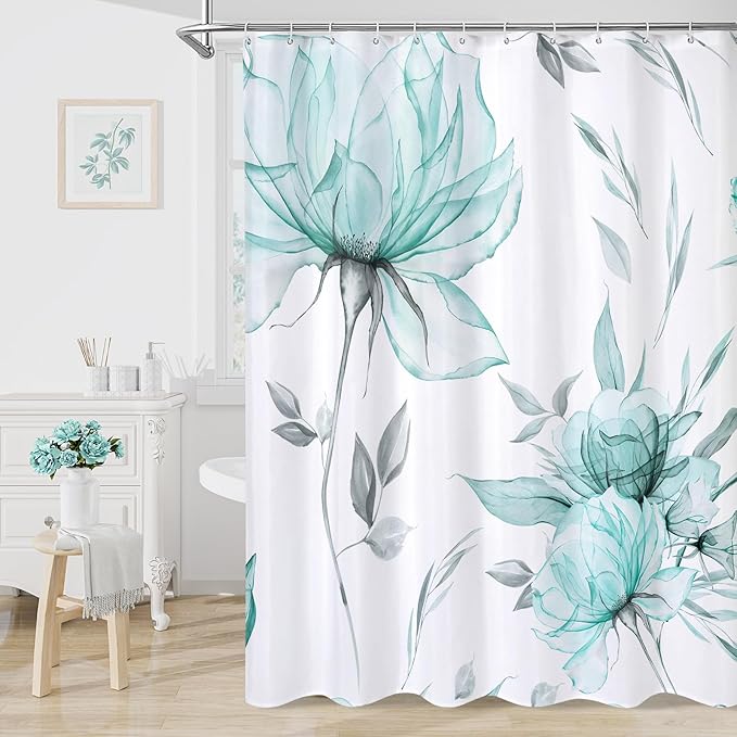 Long Boho Watercolor Floral Shower Curtain 72 x 78, Teal Blue and Grey Ink Painting Style Flower Shower Curtains for Chic Elegant Bathroom, Artistic 78 Inch Long Fabric Shower Curtain