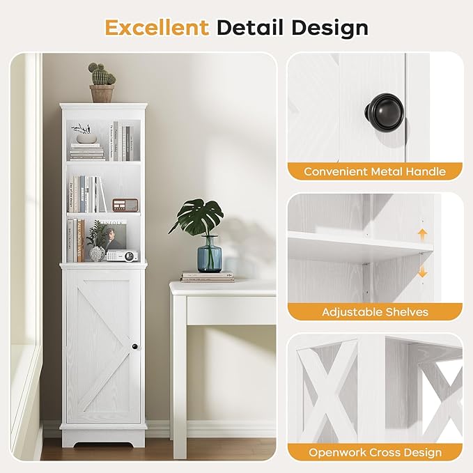 Narrow Bathroom Storage Cabinet with Door and Open Adjustable Shelves, 60.9" H Wooden Tall Tower Corner Farmhouse Cabinet, Freestanding Organizer for Kitchen, Entryway White
