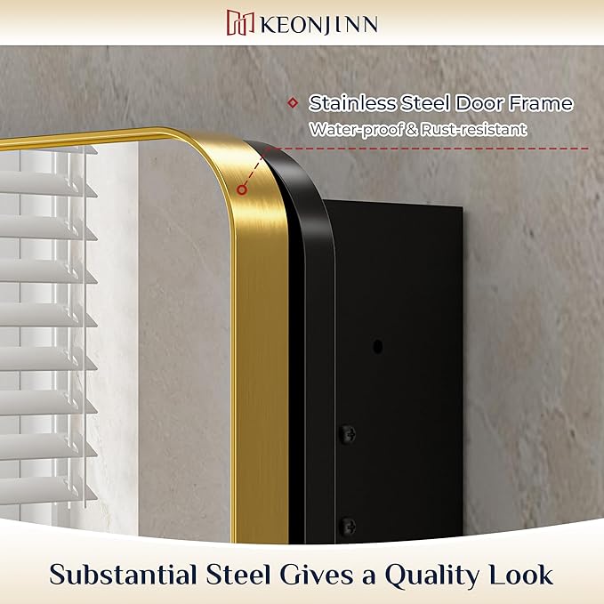 Keonjinn 20 x 32 Inch Gold Mirrored Medicine Cabinet, Recessed Medicine Cabinets for Bathroom, Dim Brushed Brass Stainless Steel Framed, Adjustable Shelves, in Wall or Surface Mount, Sturdy & Heavy