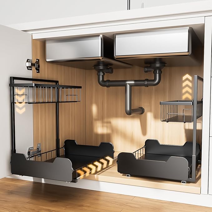 Under Sink Organizer, 2-Tier L-Shaped Pull Out Cabinet Shelf with 2 Installation Methods, Adjustable Sliding Storage Drawer for Kitchen, Bathroom, Laundry, Metal, Black