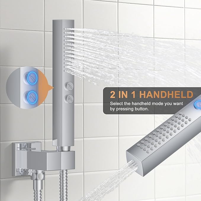 Chrome Shower Faucet Set, Ceiling Mount Shower System 12" & 6" Dual Shower Head Set with 2 in 1 Handheld Spray Rain Shower Head Sets with Rough-in Valve and Shower Trim Kit, Polished Chrome