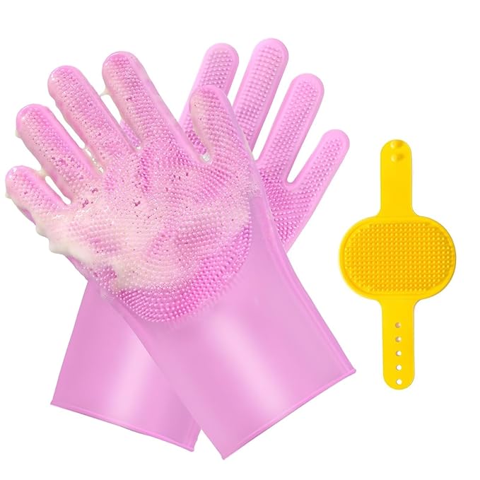 Pet Grooming Gloves and Brush Set, Dog and Cat Bath Scrubber Silicone Gloves Small