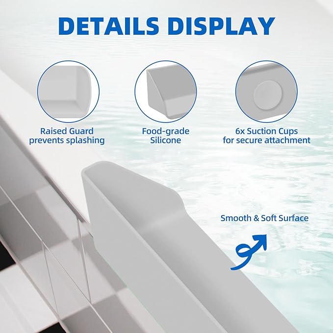 Splash Guard for Bathtub, 3.8" x 3.6" Silicone Bath Tub Splash Guard with 6 Suction Cups, Bathtub SplashGuard Play Shelf Area for Kids with 3°Drainage Slope for Faster Drying - 2 Packs Grey