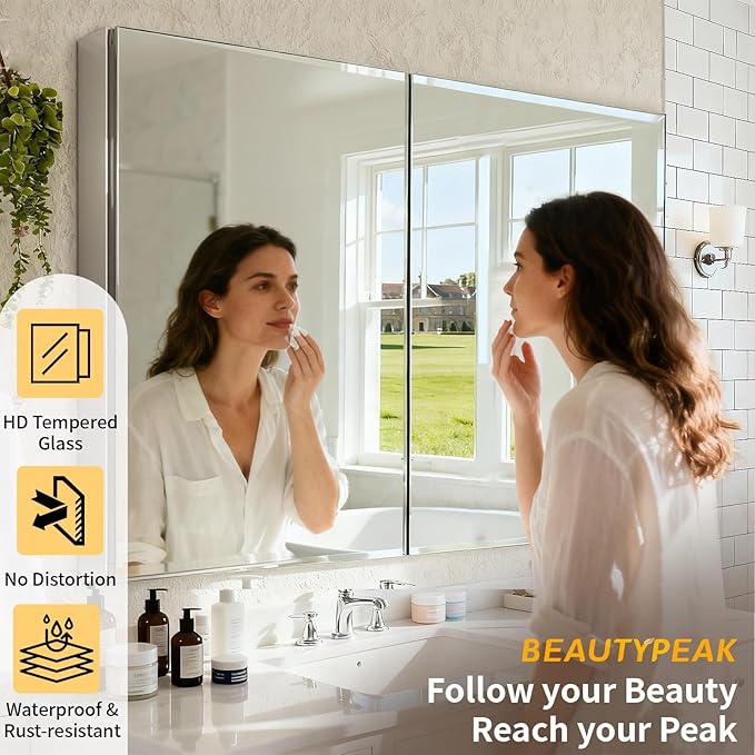 BEAUTYPEAK 40 x 26 Inch Medicine Cabinet with Mirror, Wall Mounted Bathroom Mirror Cabinet, Medicine Cabinet Mirror with Storage & Adjustable Shelves