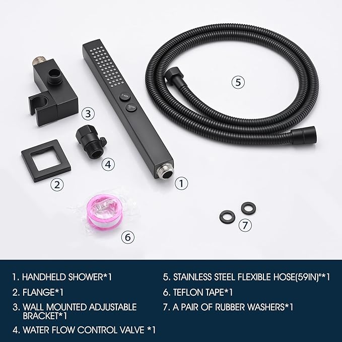 All-Metal High Pressure Square Handheld Shower Head with Jet Spray and Rainfall Modes, Volume Control Regulator, ON/OFF Switch, Hose and Wall Mounted Adjustable Bracket, Matt Black Color