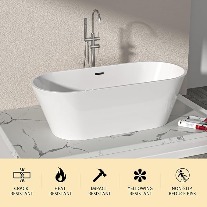 Logmey 67 Inch White Acrylic Freestanding Bathtub Oval Shape Soaking Tub with Black Drain & Overflow Assembly for Classic and Modern Bathrooms