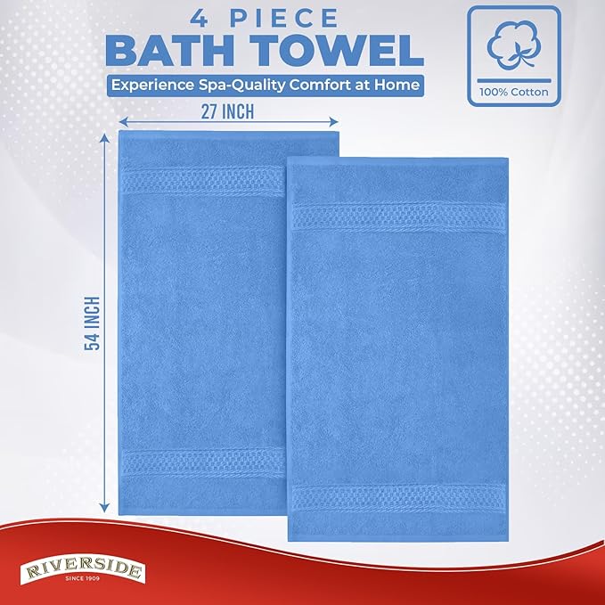RIVERSIDE 100% Ring Spun Cotton Large Bath Towels Set of 4, 27 x 54 Inches – Quick Dry, Soft & Highly Absorbent Towels for Shower & Bathroom – Luxury 600 GSM Towels for Home, Spa, Gym, Medium Blue