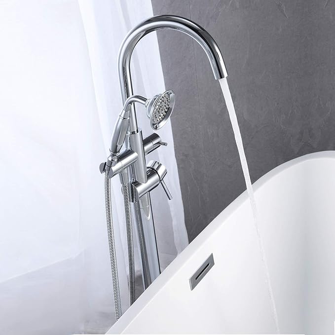 Tub Filler Freestanding Bathtub Faucet Chrome Floor Mounted Brass Bathroom Tub Faucets with Hand Shower