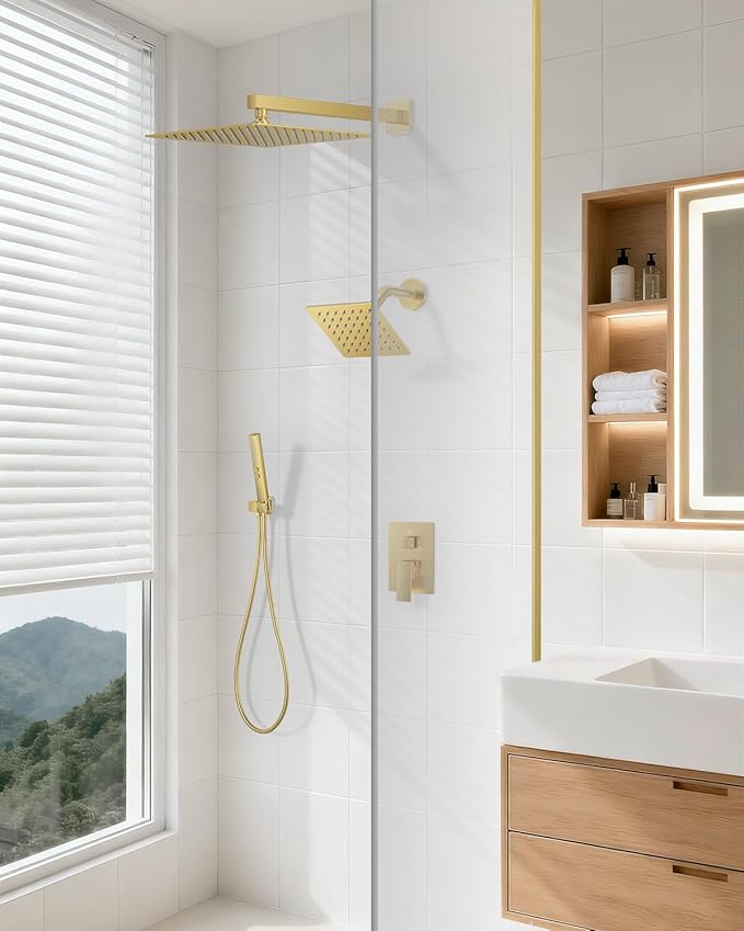 Shower Faucet Set, Wall Mounted Rainfall Shower System 12"+ 6" Dual Shower Head Sets with 2 in 1 Handheld Spray with Rough-in Valve and Shower Trim Kit, Brushed Gold