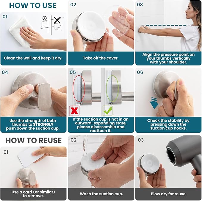 TAILI Stylish 304 Stainless Steel Bathroom Suction Hooks for Towel, Bathrobe, Loofah, No Damage Hanging Glass Shower Wall Hook, Patented Strong Suction Cup Holder, Hold Up to 11 Lbs, A-Cylinder Silver