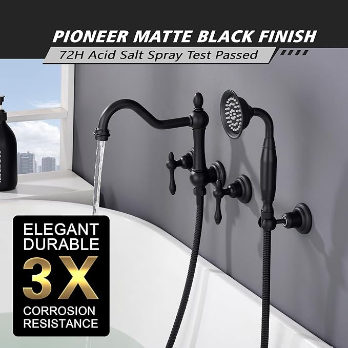 SUMERAIN Matte Black Wall Mounted Bathtub Faucet with Sprayer, Traditional High Flow Tub Faucet Set,Rough-in Valve Included