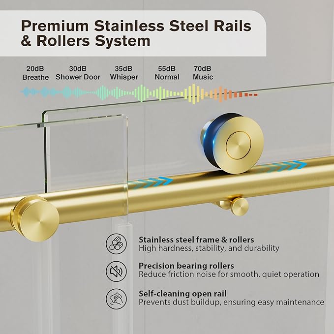 Frameless Glass Shower Door, 55-60" W x 76" H Sliding Frameless Shower Door, 1/4''(6mm) SGCC Tempered Glass, Explosion-Proof Film Nano Coating, Stainless Steel Hardware, Brushed Gold