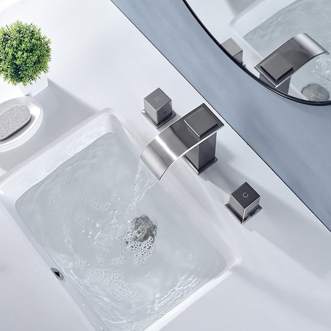 Luxury Brass Modern Widespread Waterfall Bathroom Sink Faucets with Copper Valve for 3 Hole 2-Handle 8 Inch Deck Bathroom Vanity Faucet, &Stainless Steel Pop-up Drain Assembly, Brushed Nickel