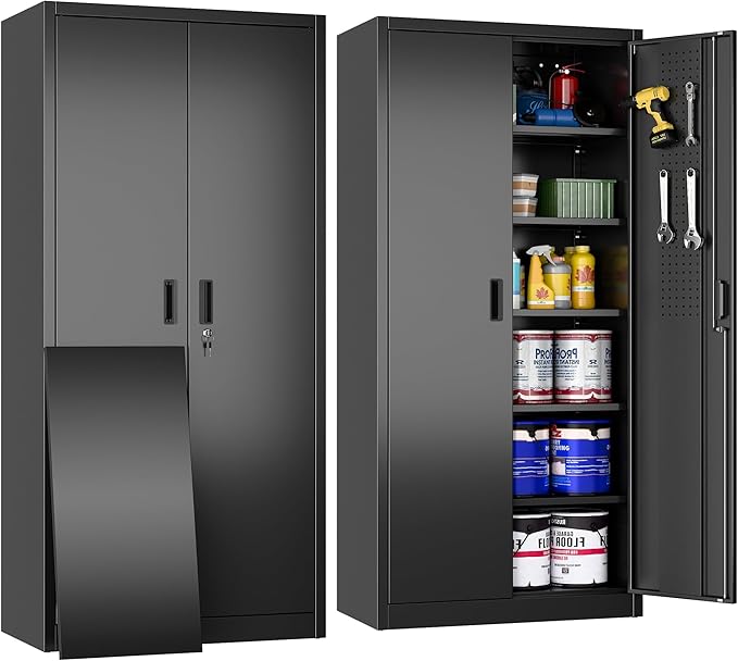 Aobabo 71" H×32" W×16" D Metal Storage Cabinet with 5 Adjustable Shelves, Locking Garage Storage Cabinet with Pegboards and 4 Hooks for Garage, Office, Black, Assembly Required