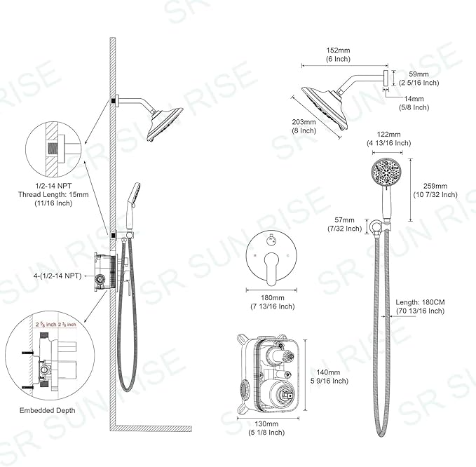 SR SUN RISE Shower Faucet - 8 Inch Multifunctional High Pressure Shower Head System with Handheld Shower Head Fixtures - Valve Included - Polished Chrome