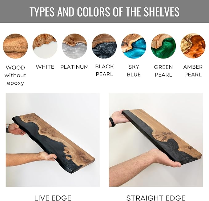 RWA Live Edge Floating Shelf – Unique Wood Floating Shelf for Wall Decor, Living Room, Bedroom, or Bathroom – Stylish Decorative Wall Shelves for Home & Office (Live Edge, Emerald - 16x6)
