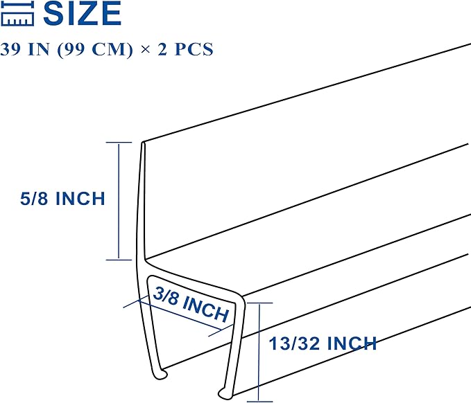 Frameless Shower Door Seal Strip 2 Pack x 39 Inch H for 3/8" Thick Glass Shower Door Side Seal Strip Bottom Seal Door Sweep, Ultra Clear Polycarbonate Stop Shower Leaks Create A Water Barrier