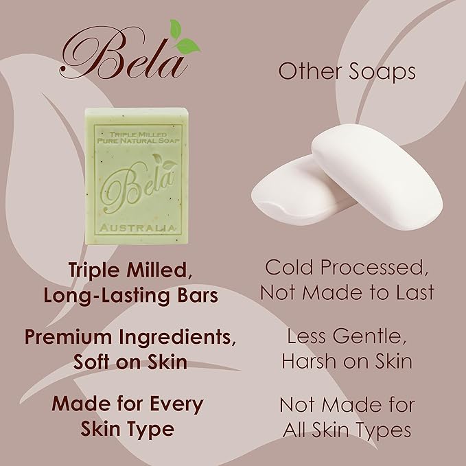 BELA Almond Soap 3.3 OZ Pack of 12, French Triple Milled Bar Soap with Organic Shea Butter, Hand, Face and Body Wash Bar Made in Australia
