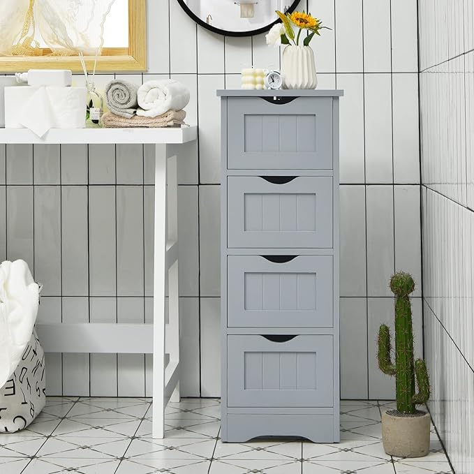 Tangkula Bathroom Floor Cabinet with 4 Drawers, Wooden Storage Cabinet w/Anti-Tipping Device, Freestanding Side Cabinet for Bathroom Home Office, 12 x 12 x 32.5 Inch (Grey, 4 Drawers)