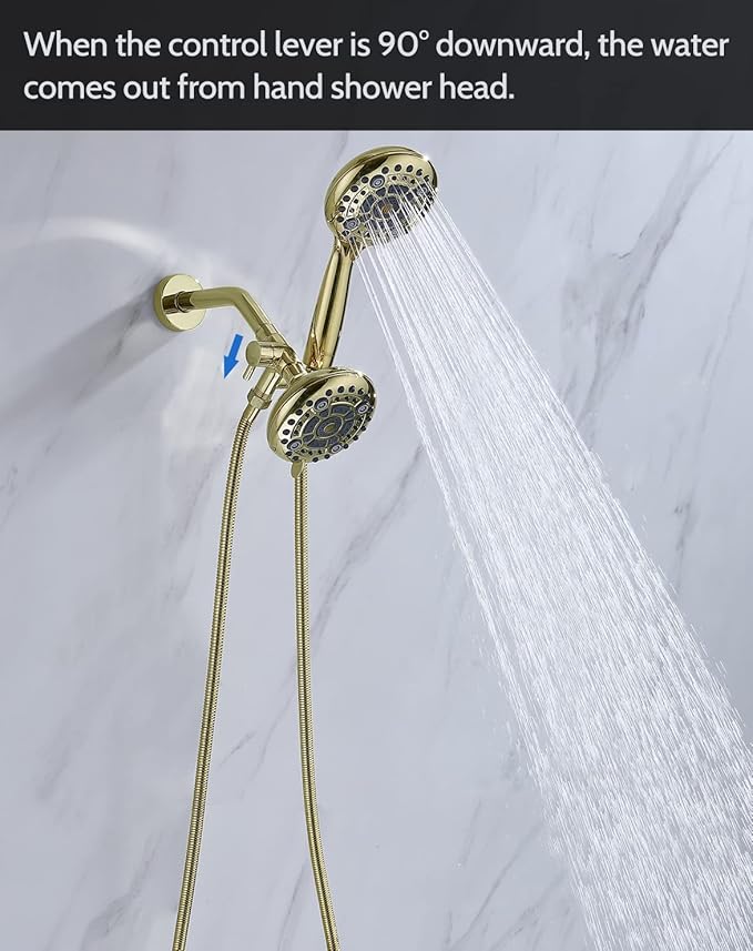 G-Promise Solid Metal Shower Arm Diverter with Holder for Hand Held Showerhead and Fixed Spray Head, G 1/2 3-Way Bathroom Universal Diverter System Replacement Part (Polished Gold)