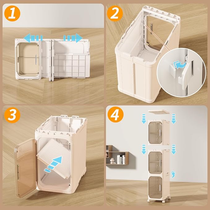 KHNR 2-Tiers Slim Bathroom Storage Cabinet, Foldable Storage Cabinets,Narrow Bathroom Storage,Movable Bathroom Storage Organizer for Small Spaces,Bathroom,Kitchen,Laundry,Cream White