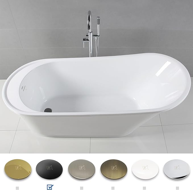 FerdY Langkawi 67" Acrylic Freestanding Bathtub, White Modern Stand Alone Soaking Bathtub, cUPC Certified, Matte Black Drain and Minimalist Linear Design Overflow Included, Easy to Install, 02568T