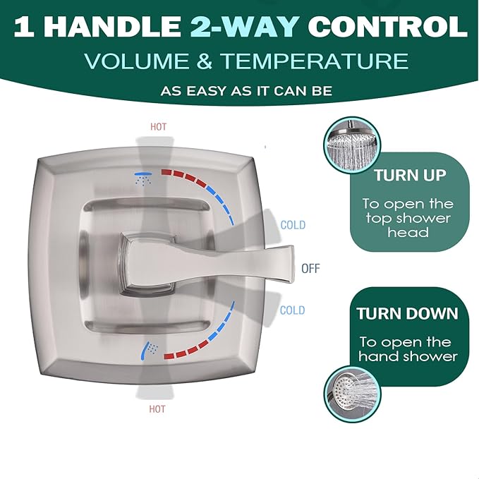 2 Way Shower Diverter Mixing Valve, Dual-Function Pressure Balance Shower Control Brass Rough-In Mixer 1/2" NPT Connection, Single Handle Brushed Nickel Shower Trim Kit