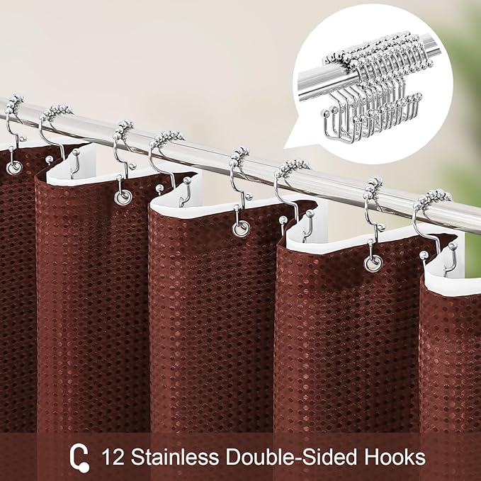 3 in 1 Long Brown Shower Curtain Set-72 W x 78 H, Modern Waffle and PEVA Liner Set with 12 Stainless Steel Hooks, Waterproof Fabric for Bathroom